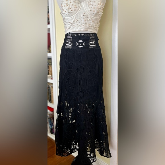 Jonathan Simkhai Skirt Black Corded Cutout Linear Godet Trumpet Lace Whimsigoth - Picture 4 of 11